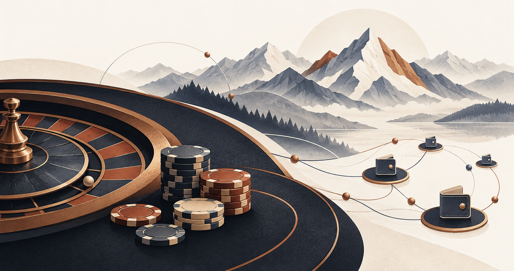 Illustration of casino chips and a roulette wheel beside connected digital wallets, with mountains in the background.